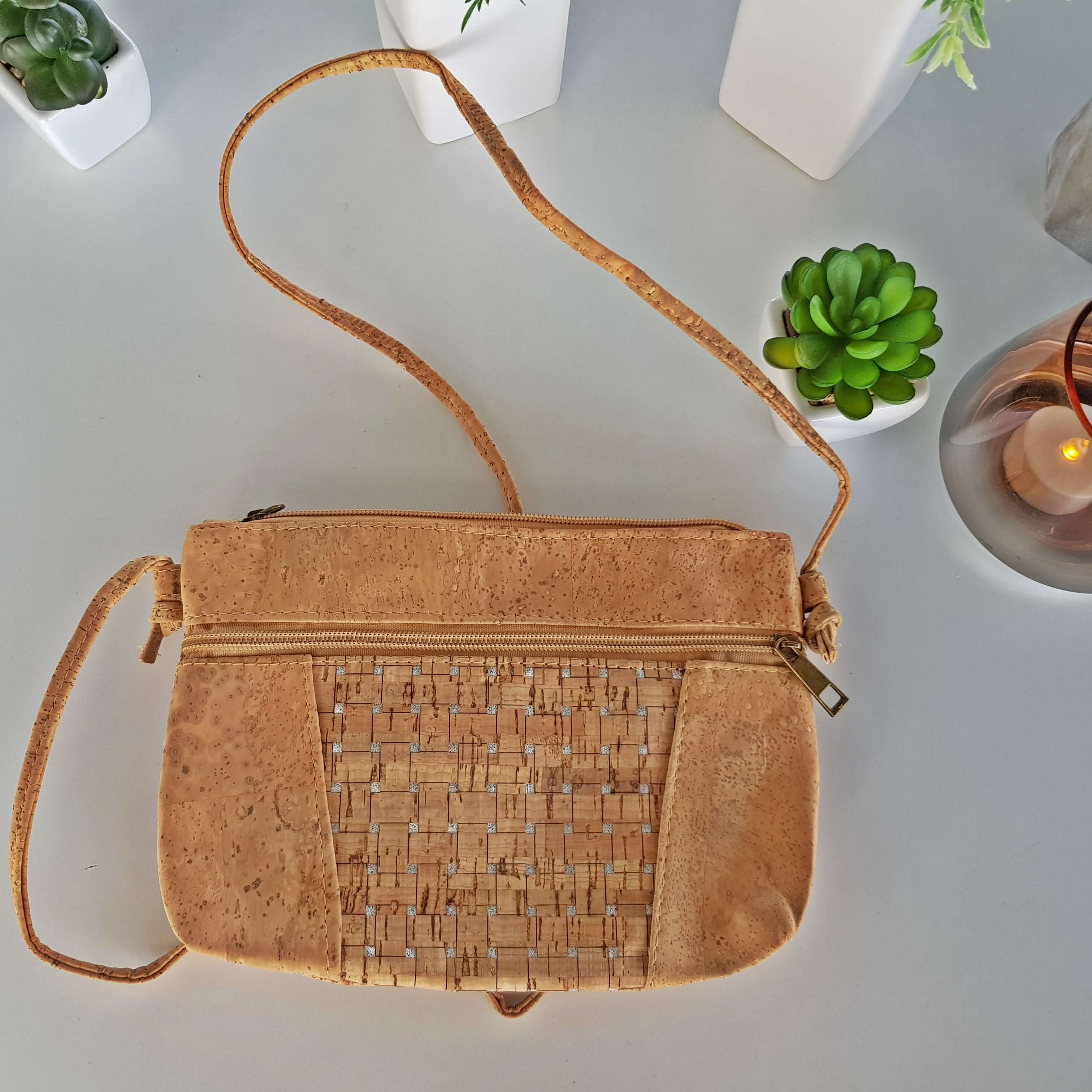 Silver Grid Natural Cork Crossbody bag