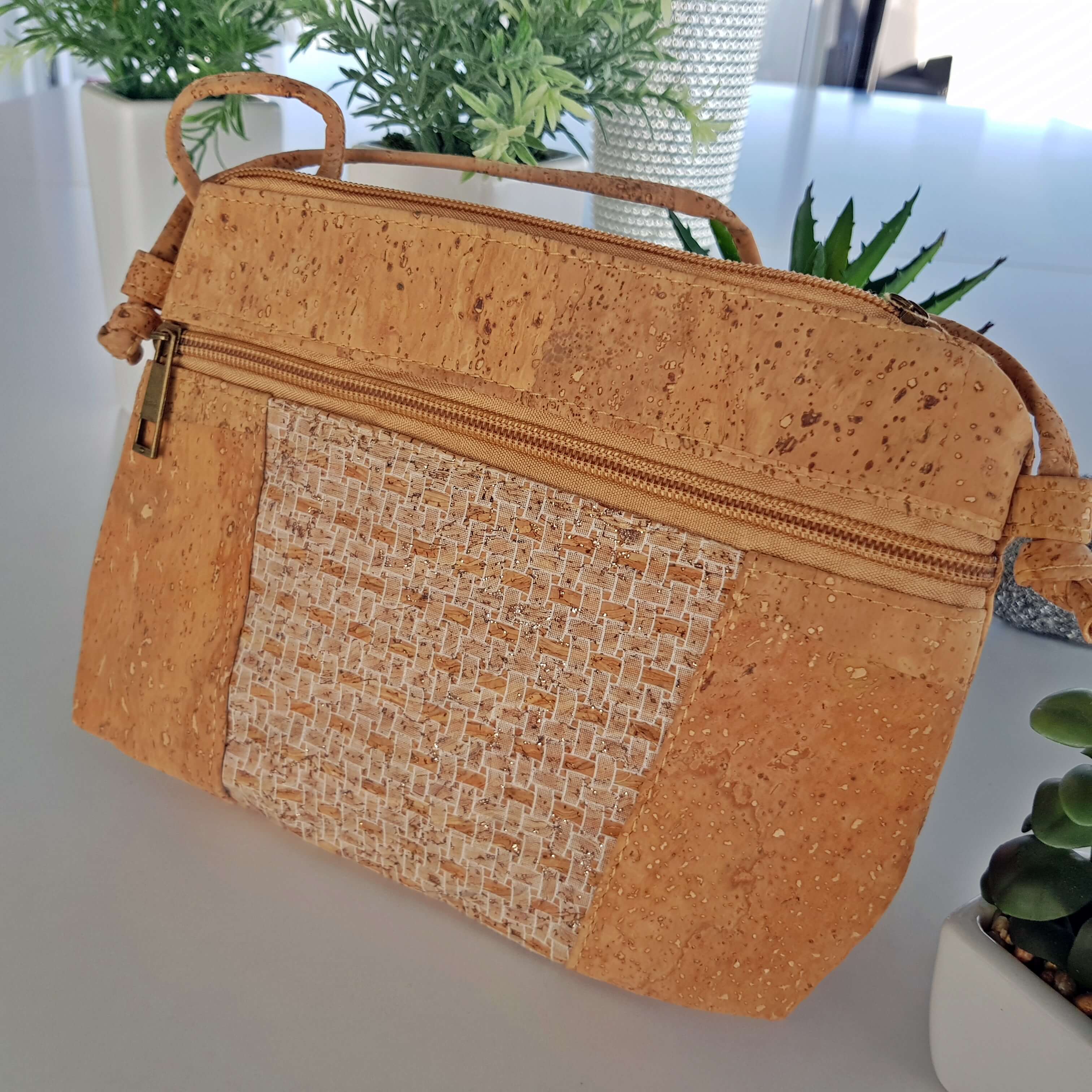 White Grid Natural Cork Crossbody Bag