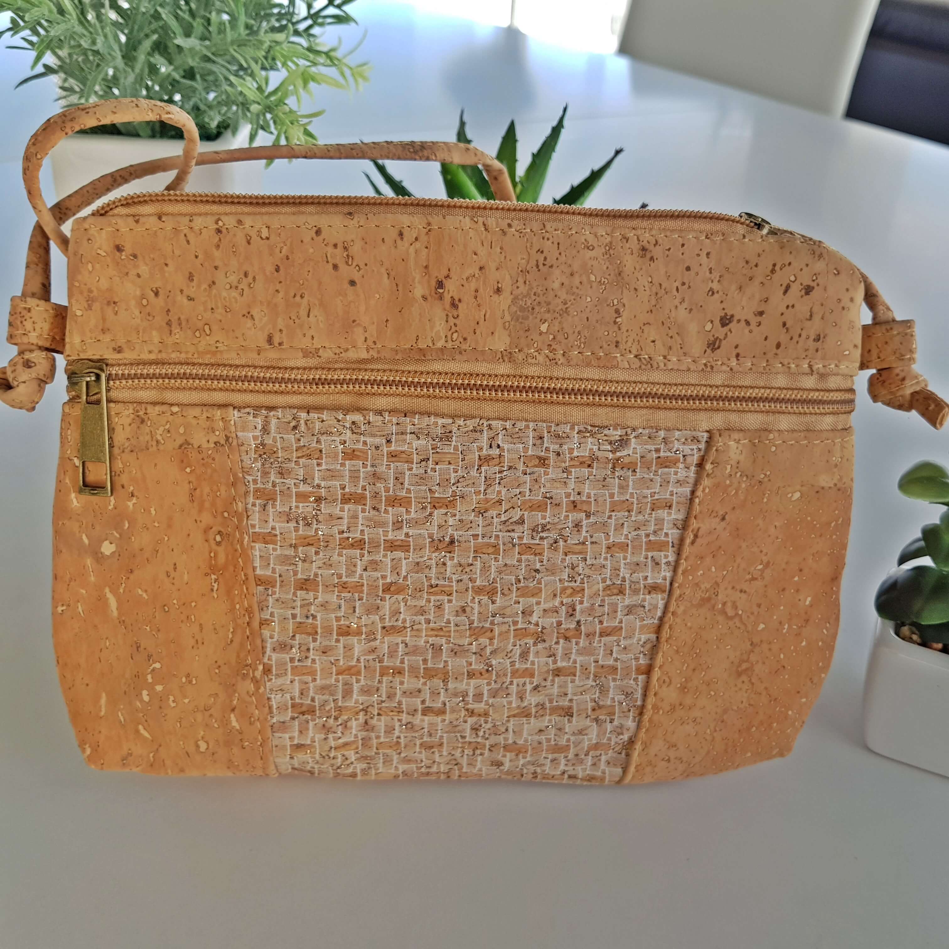 White Grid Natural Cork Crossbody Bag