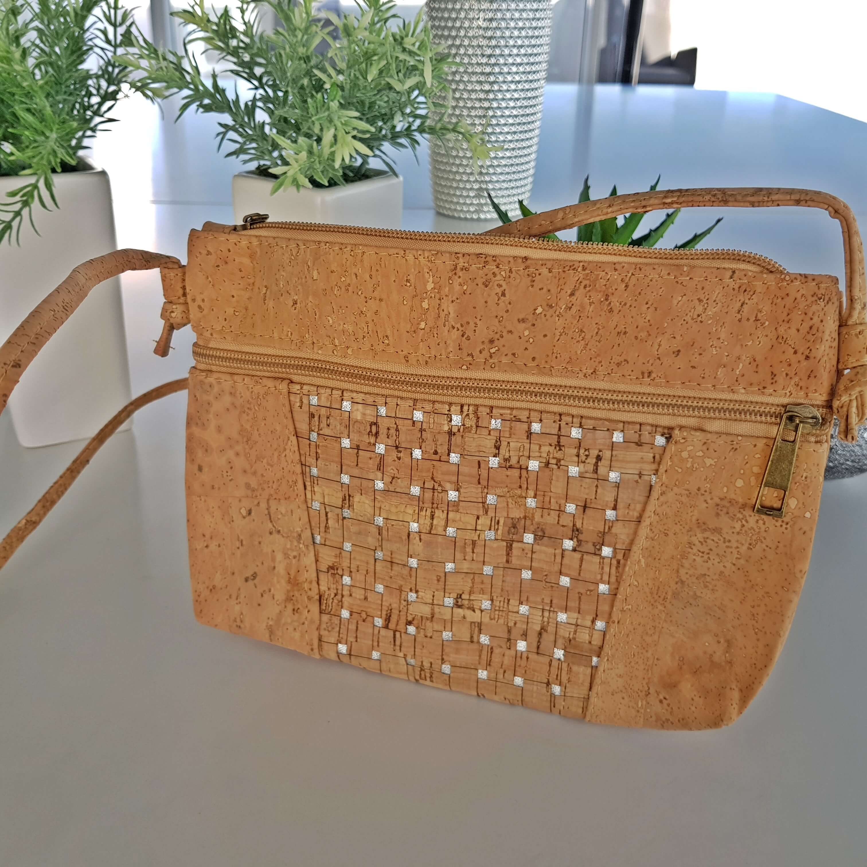 Silver Grid Natural Cork Crossbody bag