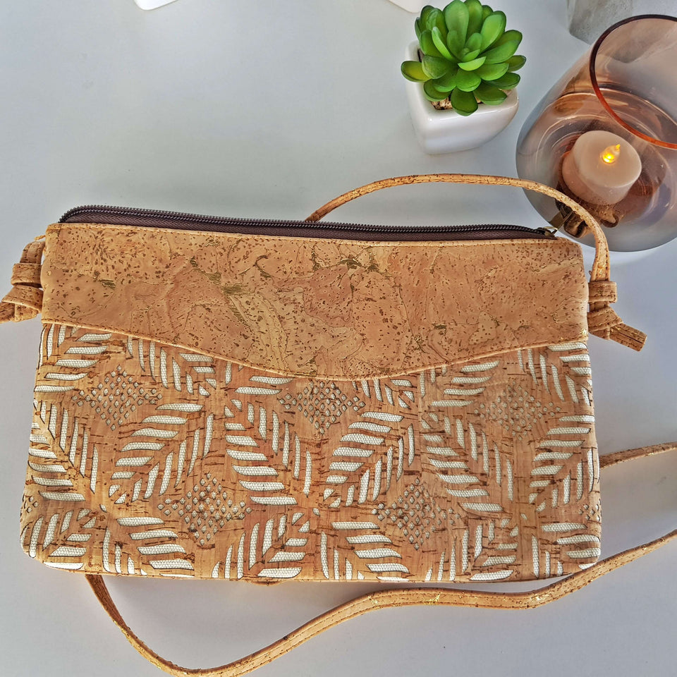 Cork Vegan Leather Cross-body Bag - Leaf Pattern