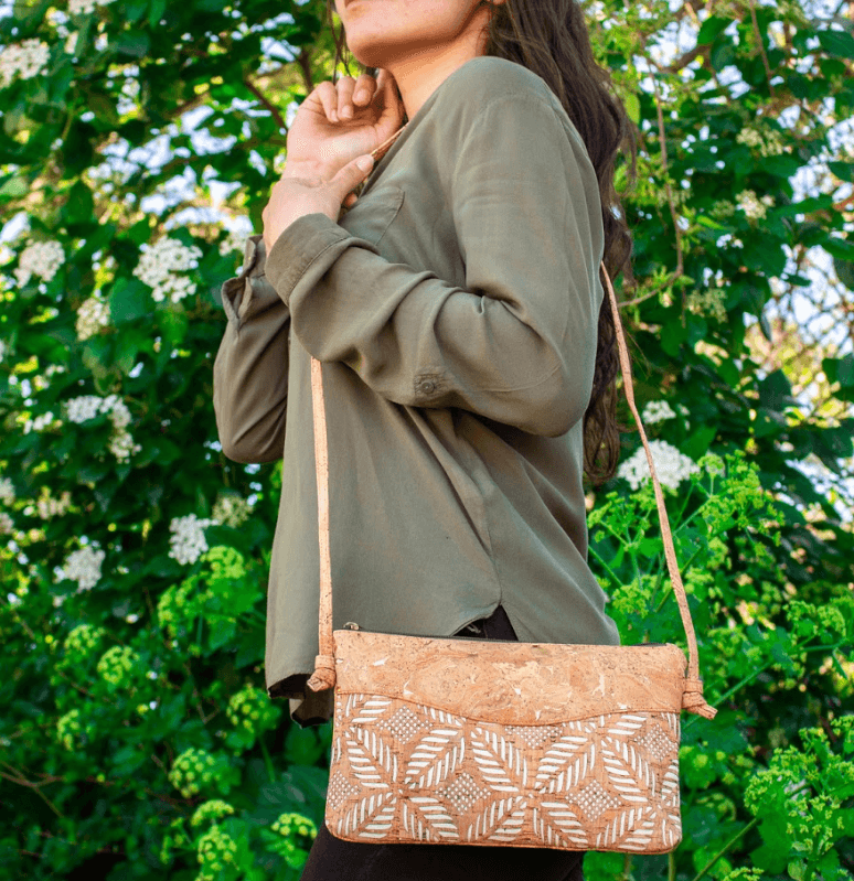 Cork Vegan Leather Cross-body Bag - Leaf Pattern