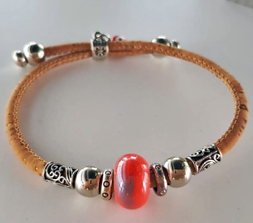 vegan leather bracelet with red charm