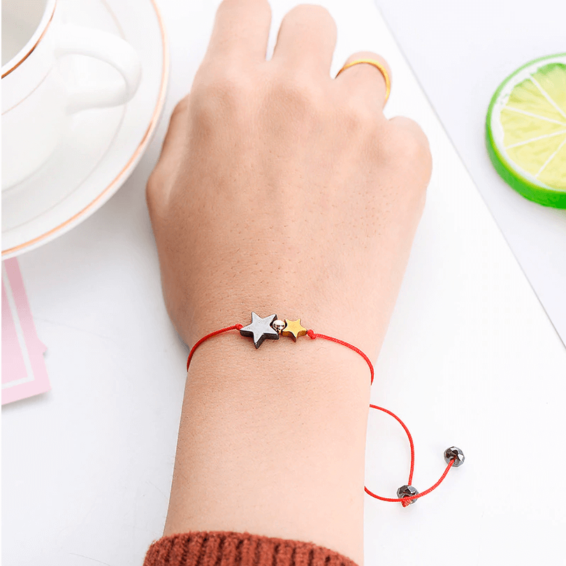 Gold And Black Hematite Double Star Friendship Card Bracelet